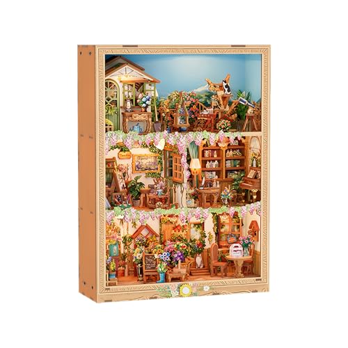 Image of Tonecheer DIY Miniature House Kit, Book Nook Dollhouse Story Frame Kit Wooden 3D Puzzle, Wall Mountable Decor Diorama Model with Dust Cover and LED for Ideal Gift - Blossom Time