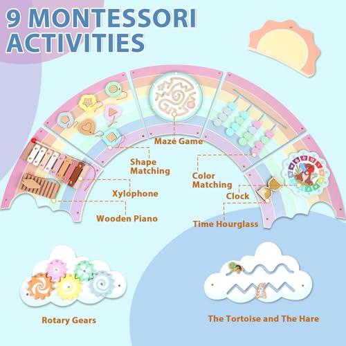 Image of 5FT Large Pastel Rainbow Wooden Activity Wall Panel for Toddler Educational Montessori Toy for Kids Interactive Sensory Toys Sensory Activity Busy Board Daycare Learning Center Toddler Room Decor