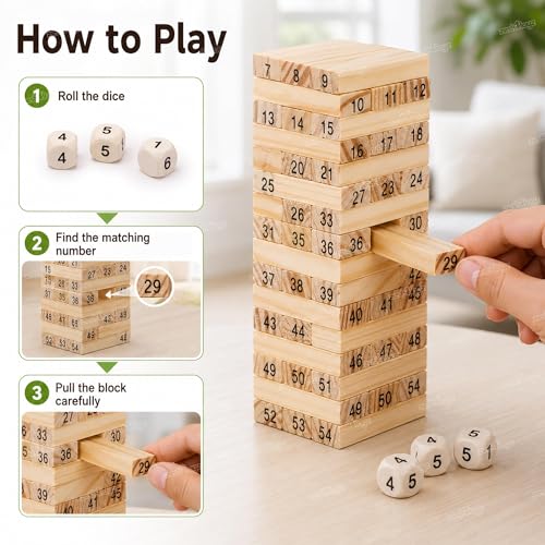 Image of Zest 4 Toyz Wooden Building Blocks Puzzle Game Wooden Stacking Tower Game for Kids 48 Pcs Numbered Wooden Blocks Family Board Game Dice Game Educational Learning Indoor Games for Kids