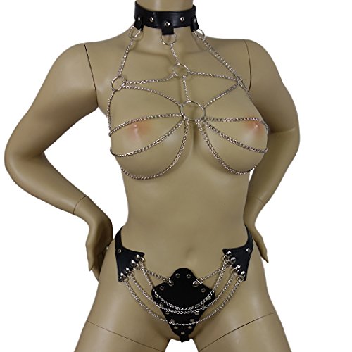 Kunstleder und Ketten Bikini, BH mit sexy Halsband und Tanga mit Ketten-Applikationen, Frauen Dessous und GoGo-Outfit Club-Wear 9063