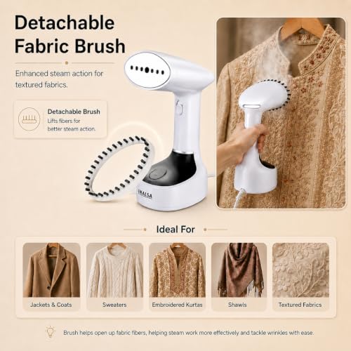 Image of INALSA TravelPress 1500W Garment Steamer for Clothes|180ml Water Tank|Stainless Steel Steam Head|20g /min Continuous Steam|360 Swivel Cord|Fast Heat Up|Portable Handheld Fabric Steamer 1 Year Warranty