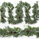 XunYee 9 Feet Christmas Cedar Garland, Realistic Pine Needles Garland with Cones and Eucalyptus Leaves, Artificial Greenery for Mantle, Stair, Doorway, or Xmas Holiday Decoration