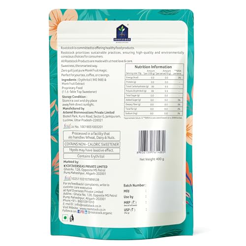 Image of Rootstock Monk Fruit Sweetner 400gm | Calorie-Free Sugar Alternative | 1:1 White Sugar Replacement | Zero Calorie and Keto Friendly Good for Cooking and Baking