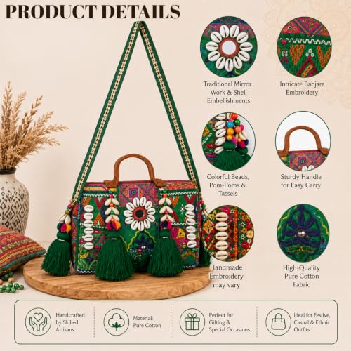 Image of MOMISY Handicraft Handmade Cotton Ethnic Rajasthani Embroidered Banjara Bags for Women Sling Clutch with Handle Purses for Ladies Girls