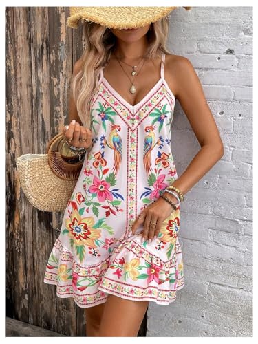 Image of RoseSeek Women's Boho Floral Beach Dress Summer Cover Up Mini Sundress | Spaghetti Strap, Ruffle Hem A Line Dress, Bathing Suit, Beach, Flowy Cami Sundress, Vacation Outfits
