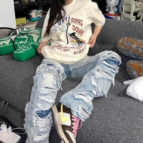 Jeans denim extensible rayé et délavé horizontal style rétro américain décontracté
