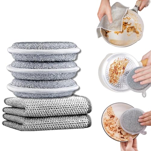 Multifuctional Wire Dishwashing Rags : 5 Pcs Set Multipurpose Wire Miracle Cleaning Cloths for Wet and Dry,Non Scratch Wire Dishcloth,Kitchen Steel Wool Dishcloth Scrubbers for Kitchen Cleaning Cloths