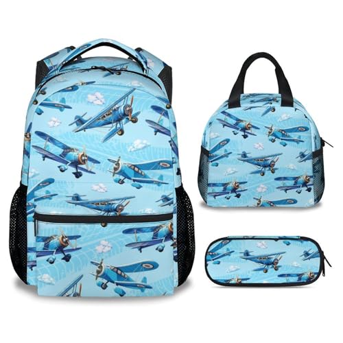 Image of Kids Backpack with Lunch Bag and Pencil Case - 3Pcs Airplane Backpacks Set for Boys - Durable Toddler Bookbag for Kindergarten, Primary & Elementary (17 Inch)