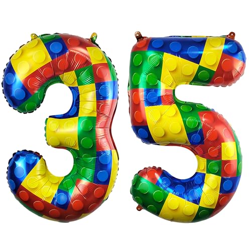 Image of 32 Inch Building Block Number 35 Balloons birthday Block Themed Large Big Helium Foil Mylar Balloon for Girls Boys Birthday Party Decoration Supplies
