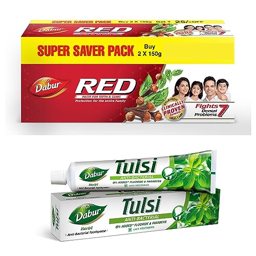 Image of Dabur Red Paste 300g & Dabur Herb'l Tulsi 200g Anti Bacterial Toothpaste | Supersaver Combo Pack