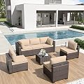 ALAULM 7 Pieces Patio Furniture Set with Coffee Table, Outdoor Sectional with Thick Cushion, All Weather Wicker Rattan Conversation Set for Backyard, Garden, Deck, Sand