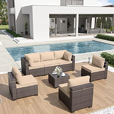 ALAULM 7 Pieces Patio Furniture Set with Coffee Table, Outdoor Sectional with Thick Cushion, All Weather Wicker Rattan Conversation Set for Backyard, Garden, Deck, Sand