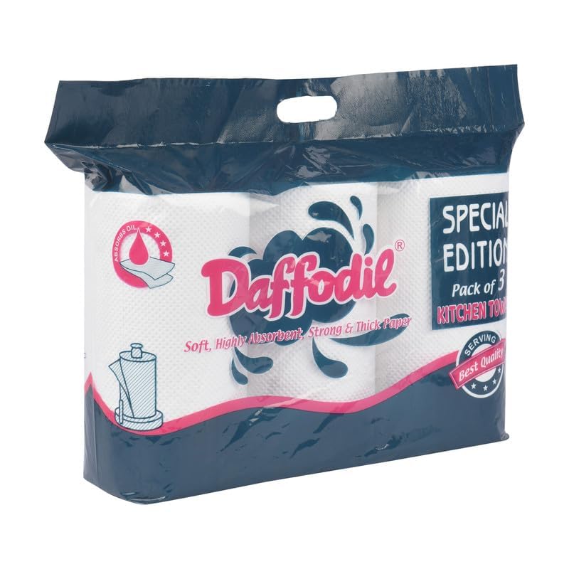 Image of DAFFODIL 2 Ply Kitchen Towels - Pack of 3 Rolls (100pulls per Roll, 300 Pulls) | Ultra-Absorbent Kitchen Roll | Heavy Duty Cleaning Paper Towels | Durable & Strong Kitchen Tissue Roll
