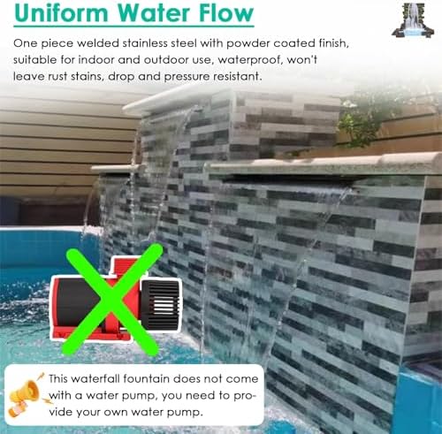 72-Inch Stainless Steel Pool Fountain - Overflow Waterfall Spillway for Pond, Patio, and Deck - Wall Recessed Sprayer Spout with Fittings (Black)