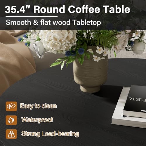 Image of Furniway Round Coffee Table, 35.4 inch Circle Wide Coffee Table, Wood Table and Center Table for Living Room, Black