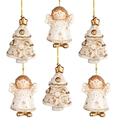 Logbuch-Verlag 6 Porzellan Weihnachtsanhänger Baum + Engel 9,5 cm weihnachtliche Anhänger edel beige Gold zum Aufhängen Cover