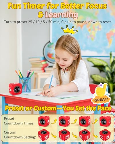 Image of Digital Pomodoro Timer Cube 5 /10 /25 /50min, Visual Productivity Flip Timer for Kids Classroom Desk, Custom Countdown, Silent and Sound Mode for ADHD Study Work Game Kitchen (Red)