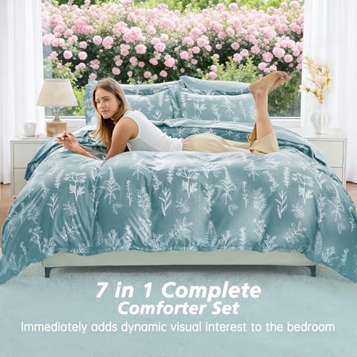 Image of MUXHOMO Oversized Queen Comforter Set, Gray Blue Elegant Floral Print Bed in a Bag 7 Pieces, Soft & Breathable Reversible Botanical Pattern Bedding Set with Comforter, Sheets, Pillowcases & Shams