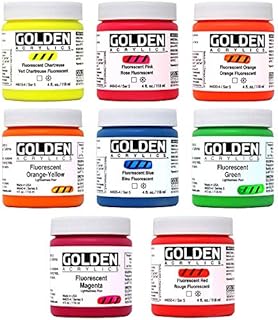 Golden Fluorescent Acrylic Colors Set | 4 Oz Heavy Body Acrylic paint | Complete Set of 8 Fluorescent Colors