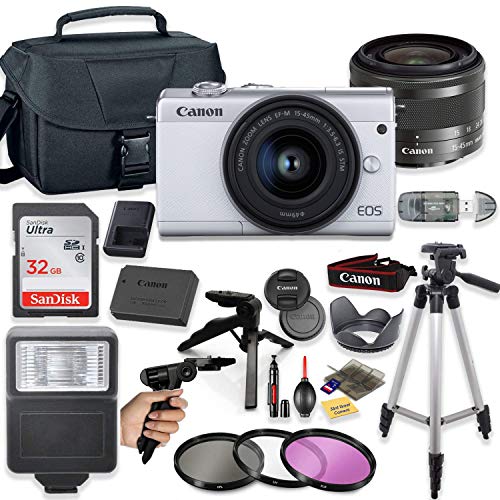 Canon Eos M200 4K Mirrorless Digital Camera (White) With 15-45Mm Stm Lens + Deluxe Accessory Bundle Including Sandisk 32Gb Card, Camera Case, Flash, Grip Multi Angle Tripod, 50" Tripod, Filters & More #TOP7