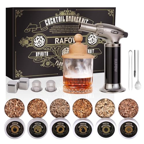 Cocktail Smoker Kit with Torch - Whiskey Smoker Kit with 6 Flavors Smoked Wood Chips - Old Fashioned Drink Smoker Kit for Bourbon, Whisky Smoking Gifts Box Smoke Set for Men(Without Butane)