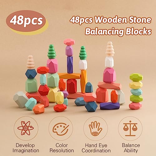 Promise Babe Montessori Wooden Rainbow Stacking Stones 48 Pieces, Age 3-6, Building Blocks, Educational Toy - Image 2