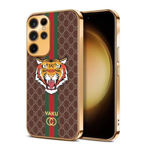 Image of Vaku Luxos Lynx Design Back Cover for Samsung Galaxy S23 Ultra with Leather Pattern Gold Electroplated Soft TPU Cover Shockproof Protective Case - Brown