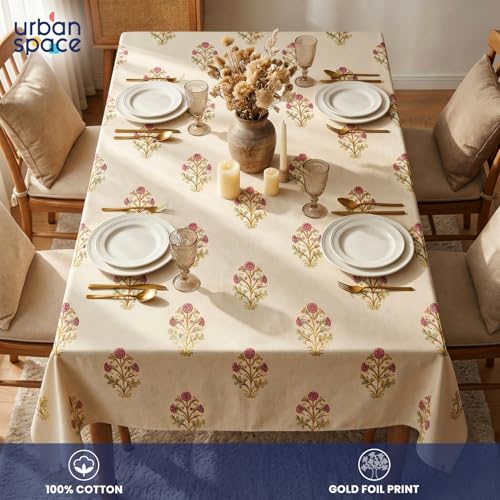 Image of Urban Space 100% Cotton Dining Table Cover for 6 Seater, Gold Foil Printed Cotton Table Cloth for Center Table, Dining Room Table Cover (Size 48 inch x 92 inch - 6 Seater, Zari Mohar Dusty Pink Gold)