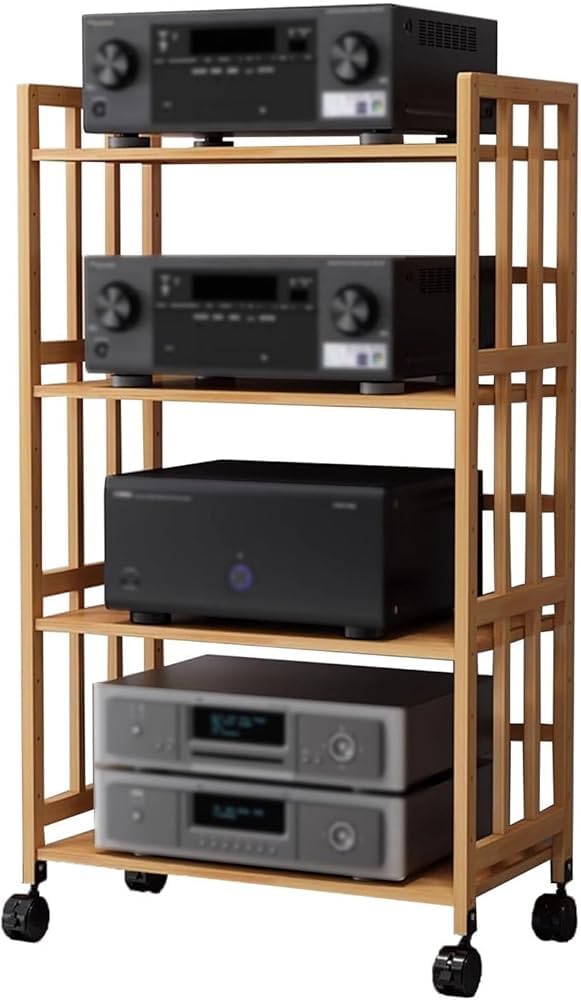 Szafka stereo AV Media Tower 4-poziomowy stojak audio z kółkami stojak kina domowego Wieża do przechowywania płyt CD do domowego stereo Rozmiar: 55 cm Kolor: Czarny