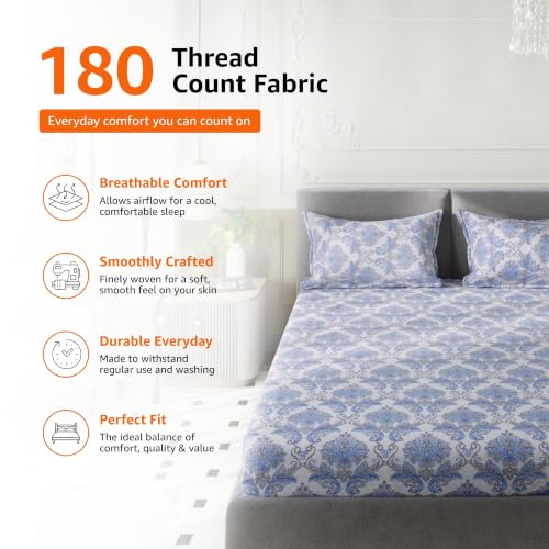 Image of Amazon Basics - 100% Cotton Flat Bedsheet | 180TC |King Bed Sheet with 2 Pillow Cover|Soft Cotton | Floral Print | 90 Inch x 108 Inch, Light Grey