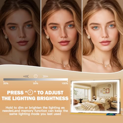Image of ROLOVE Extra Large Gold Hollywood Vanity Mirror with Lights, 39 inch x 28 inch Makeup Mirror, Luxury Gold Frame, USB Charging Port, 3 Color Dimmable Lighting, 10X Magnifier, Wall Mounted or Tabletop