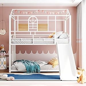 Metal Bunk Bed, Twin Over Twin House Bunk Bed Frame with Slide, Full-Length Guardrail and Roof, for Kids Toddlers Girls Boys, (White+White Slide) Metal Bunk Bed Twin Over Twin House Bunk Bed Frame with Slide Full Length Guardrail and Roof for Kids Toddlers Girls Boys WhiteWhite Slide