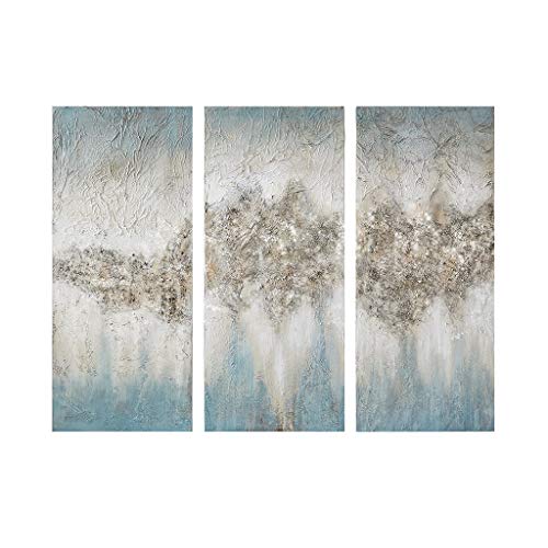 Madison Park Wall Art Living Room Décor - Embellished Hand Painted Canvas, Home Accent Glitter Abstract Bathroom Decoration Ready to Hang Painting for Bedroom, 15'W x 35'H x 1.5'D, Blue 3 Piece