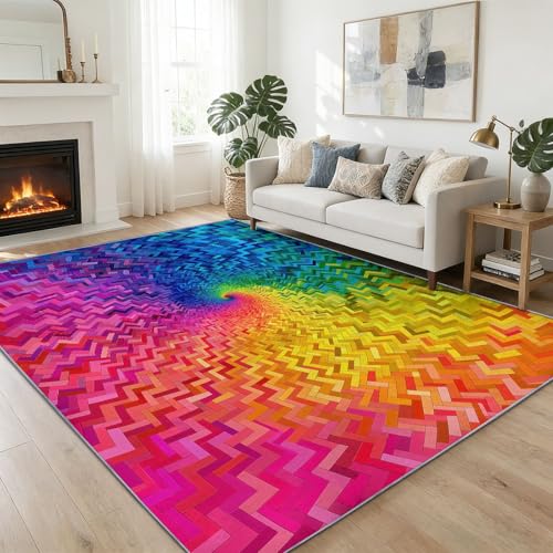 Tapis multicolore spirale géométrique losange doux et lavable en machine