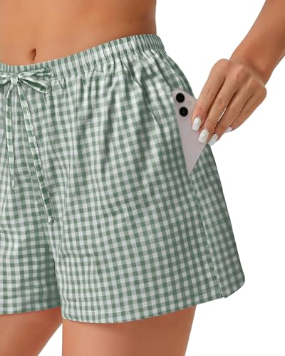 Image of Women Boxer Shorts Gingham Drawstring Pajama Bottom Plaid Pants with Pocket