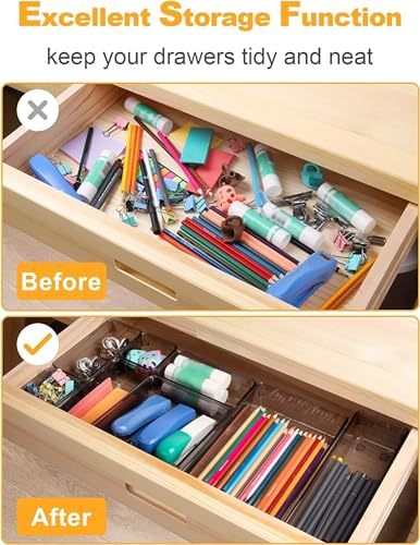 Image of Kienlix Desk Drawer Organizers Trays Set Clear Plastic Storage Bins Bathroom Drawer Tray Dividers Vanity Trays Organizer for Bedroom Dresser Makeup Kitchen Utensil Office (16pc Set (Black))