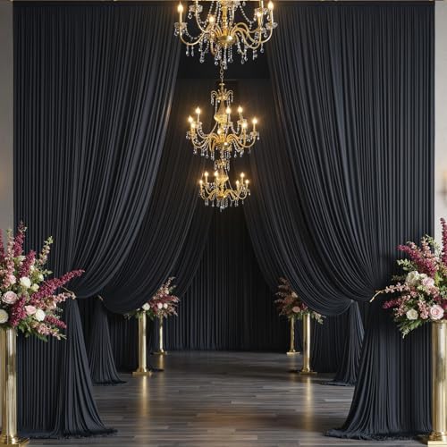 Image of 30x14ft Black Backdrop Curtains for Parties, Wrinkle Free Polyester 6 Panels Photo Backdrop Drapes 14 ft Long Back Drop Cloth for Wedding Birthday Photography Background Party