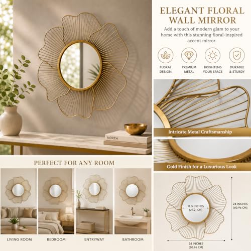 Image of Artemade Gold Flower Wall Mirror, 24 Inch Round Metal Frame Decorative Accent Mirror for Living Room, Bedroom, Entryway, Bathroom