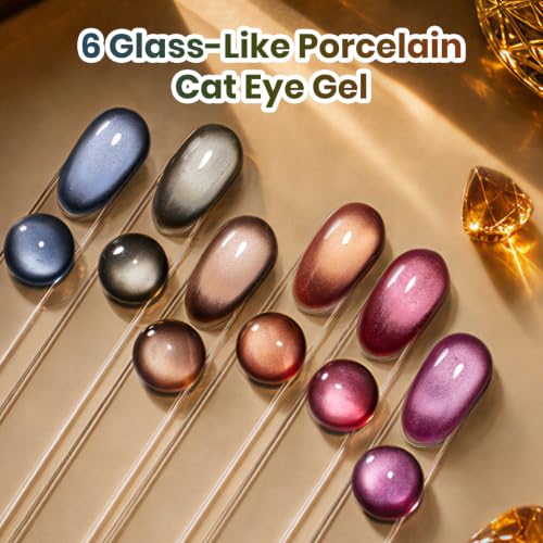 Image of Beetles Cat Eye Gel Nail Polish Set, Timeless Amber 6 Colors Fall Nail Gel | Glitter Gel Blue Olive Green Brown Burgundy Red Purple Magnetic Glass Effect Soak Off UV Manicure with Magnet Gift for Women