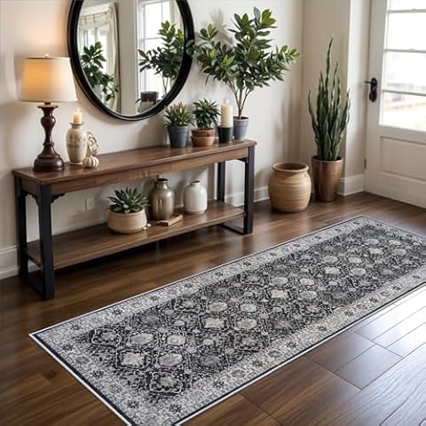 Hallway Washable Runner Rug - 2x6 Kitchen Rugs Entryway Rug Runner Vintage Soft Floor Mat Non Slip Indoor Farmhouse Carpet for Bathroom Living Room Bedroom (2 X 6, Black) Cover