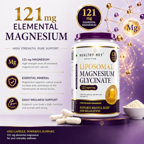 Image of HealthyHey Nutrition Magnesium Glycinate 14% Fully Chelated Supplement High Absorption for Sleep, Cramps, & Nerves Health - 60 Vegetable Capsules