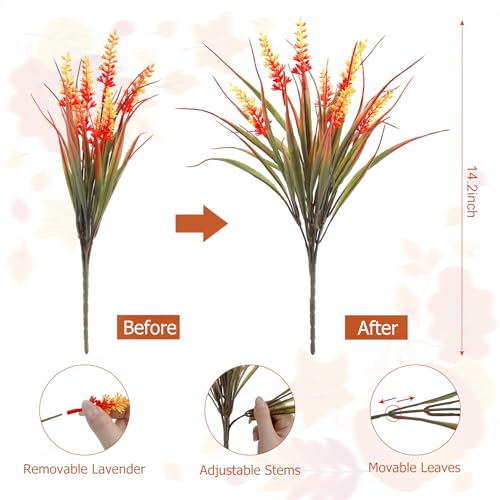 Image of Bassion 24 Bundles Fake Lavender Artificial Fall Mums Flowers for Outdoors | UV resistant, plastic flowers, faux lavender with monkey grass, porch garden planters window box autumn home decorations