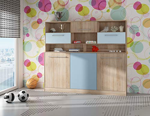 BIM Furniture Cama de pared horizontal Cama armario Roger 90x200 cm Cama plegable de pared, Cama armario plegable, Armario con cama plegable integrada, Cama funcional (Roble Sonoma/Azul, Con estantes