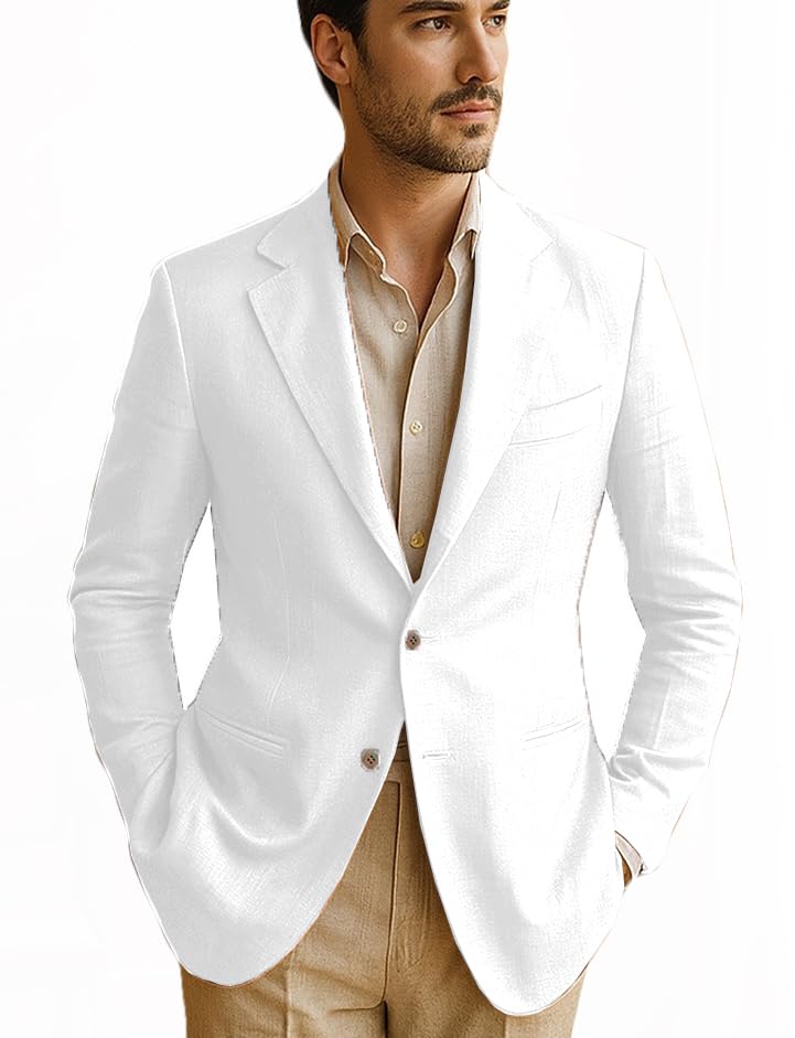 VENNYNG Men's Linen Blazer Dress Coat Lightweight Suit Jacket Summer Spring Single Breasted Two Buttons
