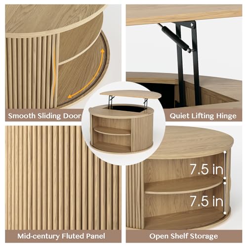 Image of JOINICE Round Lift Top Coffee Table with Storage for Living Room,Oak | 31.5 inch Drum Design,Hidden Storage&Open Shelf,Boho Fluted Center Table for Small Apartments,Easy Assembly,Up to 150 lbs