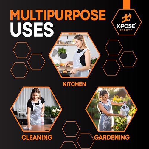 Image of Xpose Safety 100 Pack White Disposable Aprons, Individually Wrapped Waterproof Polyethylene for Cooking, Food Prep and Cleaning, 1 Mil Durable, 24 inch x 48 inch