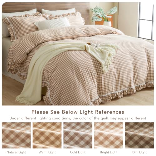 Image of QSH 3PCs Washed Cotton Tan Gingham Lace Ruffle Duvet Cover Set Queen Size Khaki Plaid Shabby Vintage Boho Chic Bedding Quilt Cover Farmhouse Ultra Soft Comforter Cover Set Queen with Pillow Shams