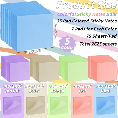 Image of 35 Pack Sticky Notes Bulk 3x3 Inch 5 Morandi Pastel Colors Memo Pads