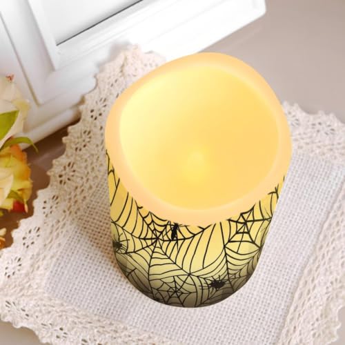 Image of Spider Web Flameless LED Candles Set of 4 | Halloween Battery Operated Candles with Remote Control, Electric Pillar Candles for Holiday Party Living Room Decorations