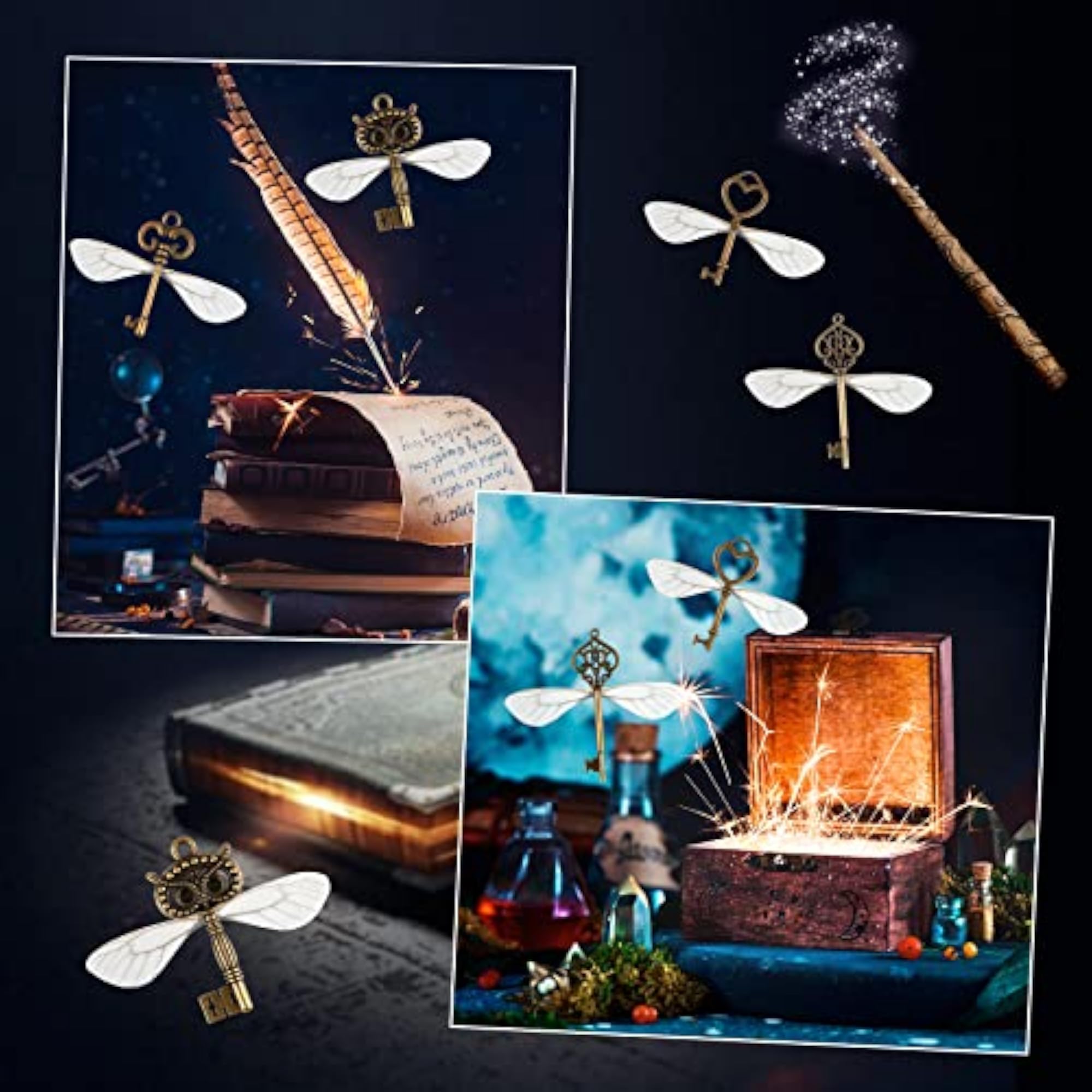 30 PCS Vintage Skeleton Keys Charms with Dragonfly Wings for DIY